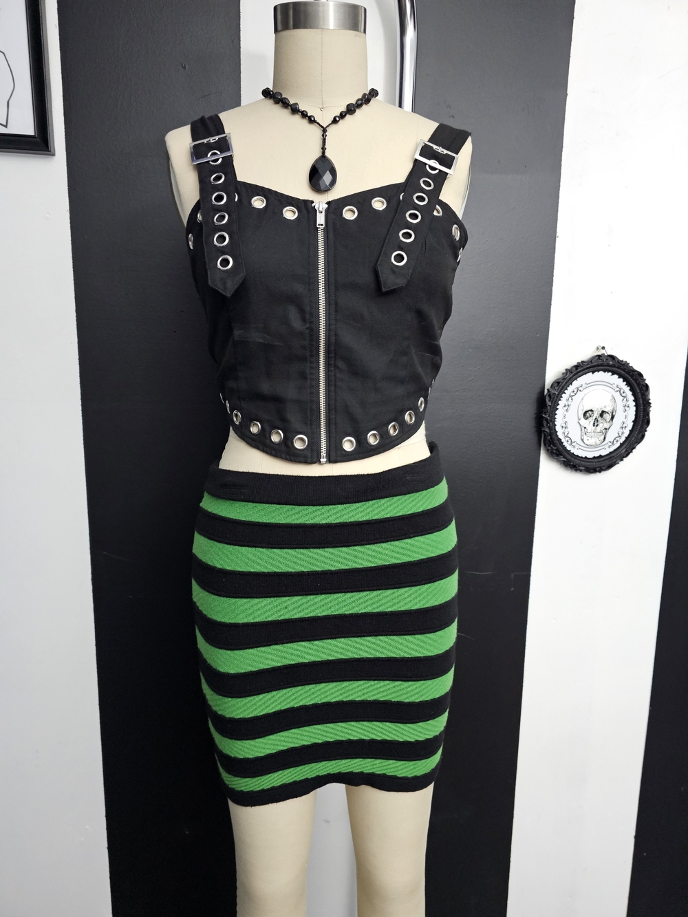 Black and Green Striped Knit Mini Skirt